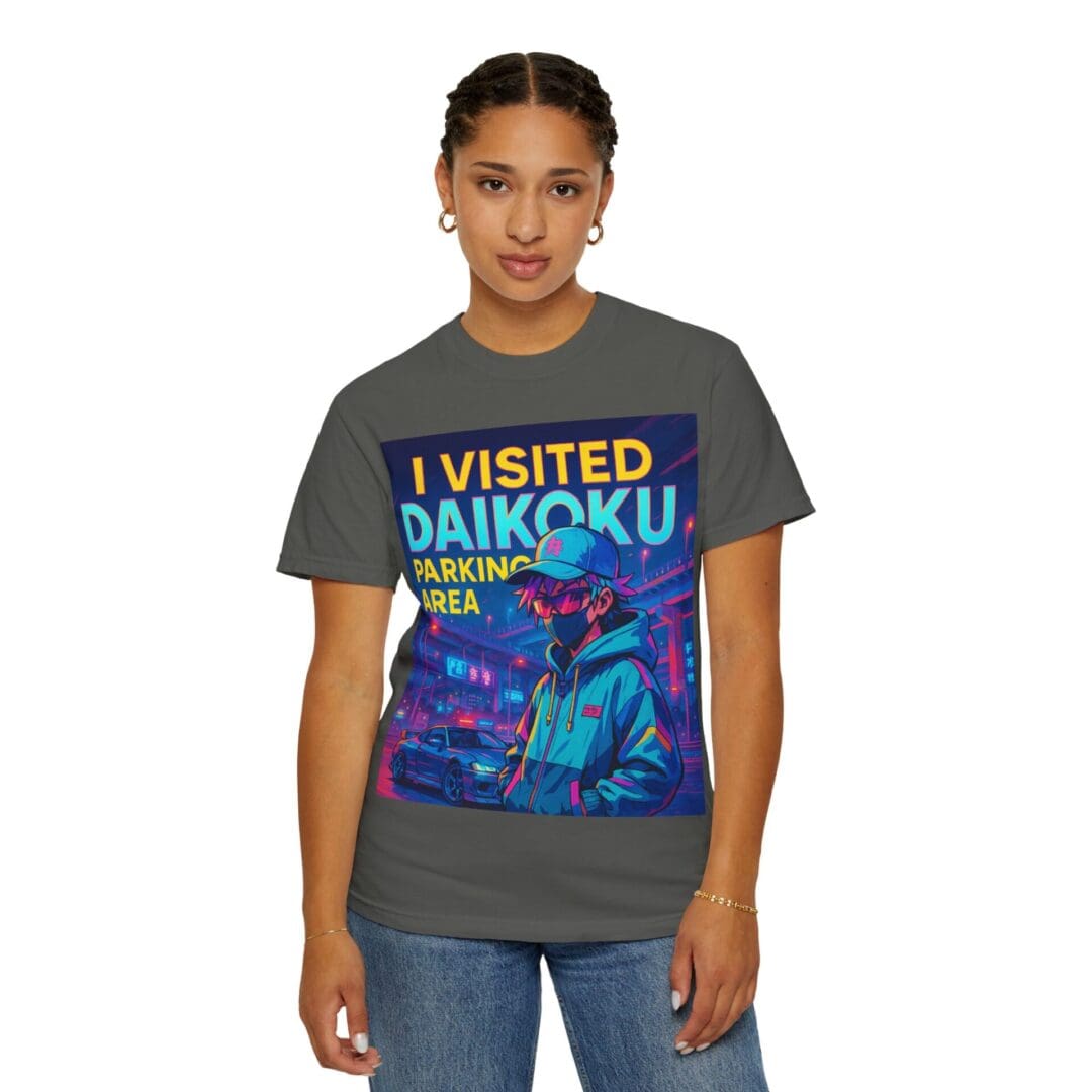 Person wearing a dark graphic t-shirt with colorful text and design.